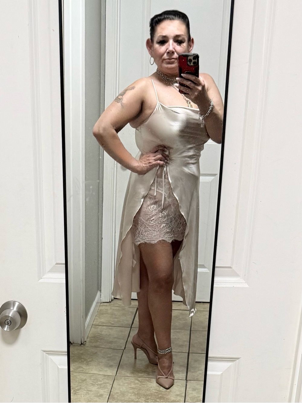 Satin Slip Chemise with Lace Inset in Champagne